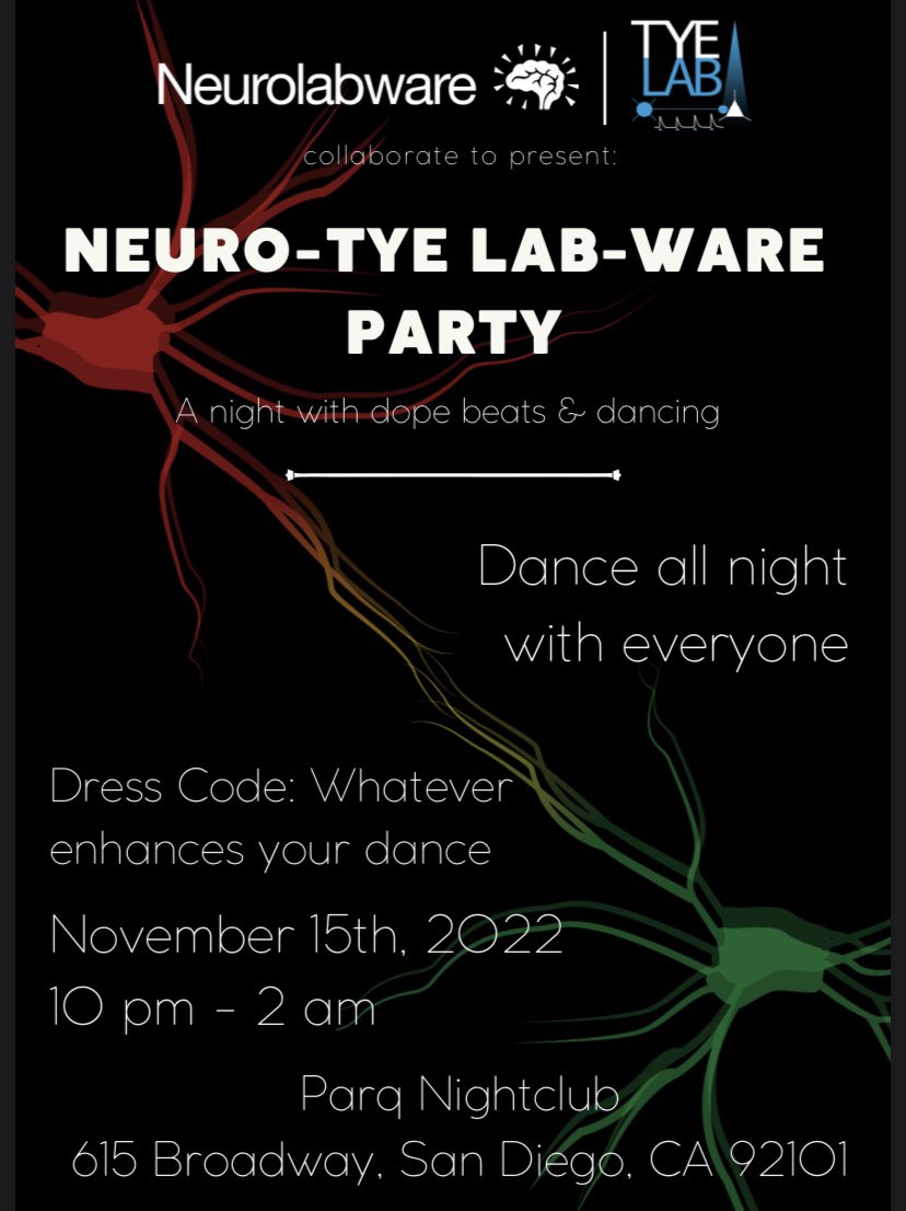 Excited to announce @neurolabware and the Tye Lab are collaborating to throw an epic SFN party. When everybody is done talking, come to Parq to just DANCE all night after far too long!! All are welcome, hoping to see folks LIGHT UP THE CYPHERS with me! 🙏Pls RT 🍾🥳🪩💃🐬🕺🫶