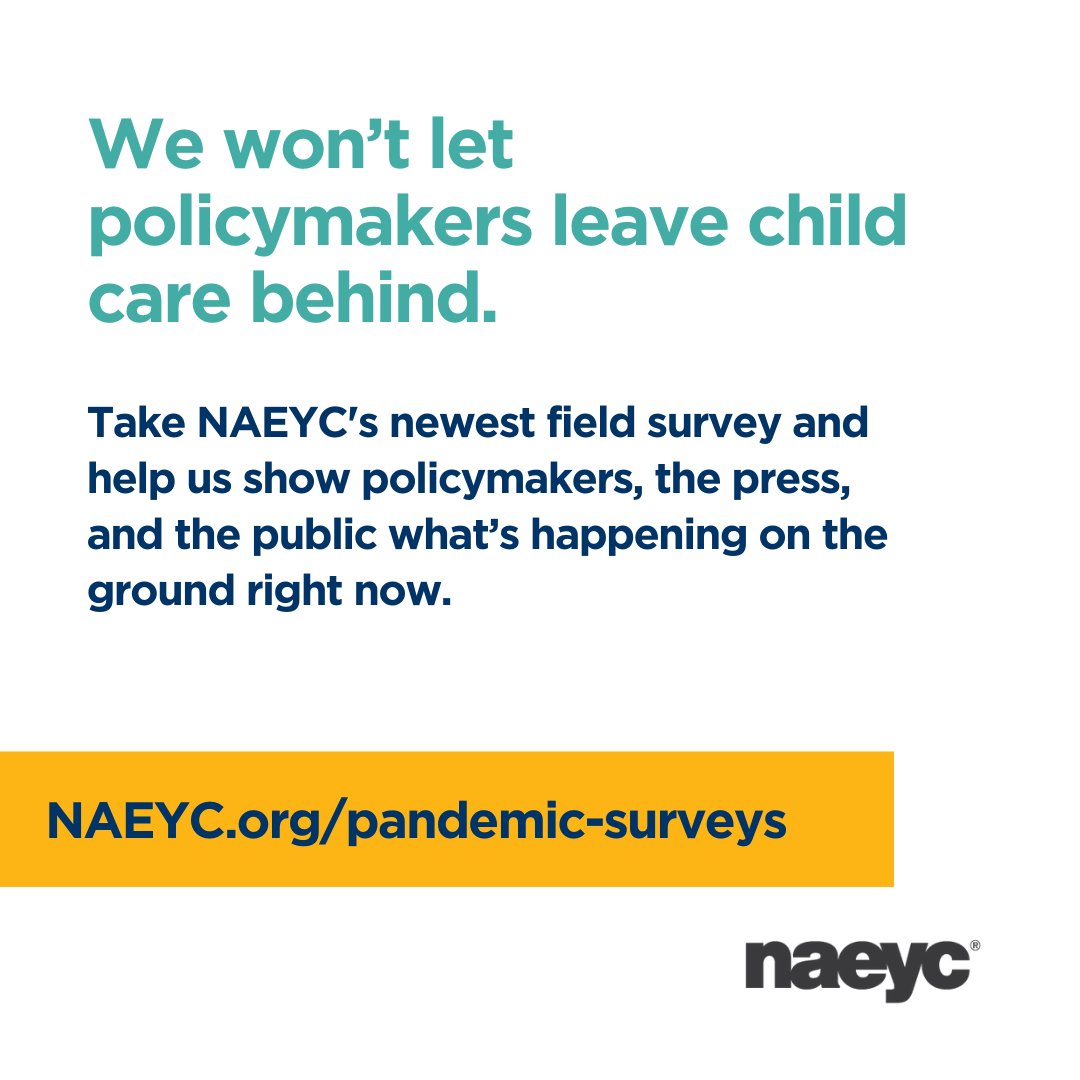 Don’t let policymakers look away from the #childcare crisis. Share your story by taking <a href="/NAEYC/">NAEYC</a>'s new, 10-min survey in English or Spanish via naeyc.org/pandemic-surve…. #SolveChildCare
