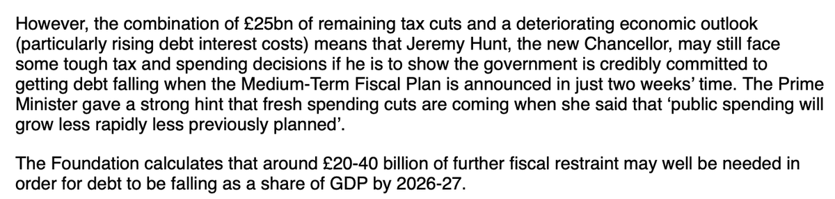 __JackBarnett's tweet photo. 🟥 @resfoundation calculates £20bn-£40bn of tax hikes or spending cuts still needed despite today's corporation tax hike reversal U-turn to ensure PM Truss and new chancellor Hunt meet fiscal targets (debt falling as a share of the economy) https://t.co/mUqGQQBgnb
