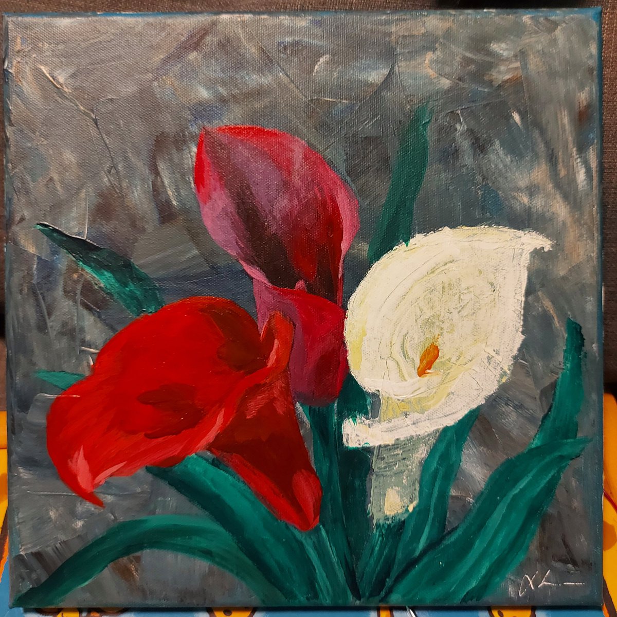 Tshaz7's tweet photo. Calla lilies in 3 levels of detail: with a palette knife, a big brush and a fine brush 🌷 https://t.co/j6fXTk6hGB