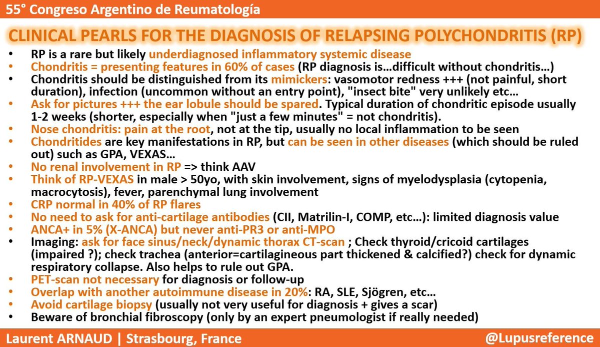 ✅ I'm happy to share my main clinical pearls for the diagnosis of relapsing #polychondritis ⬇️ as I will discuss today in my talk at #SAR2022. Muchas gracias to @ComunidadSar for the amazing invitation in Cordoba 🙏