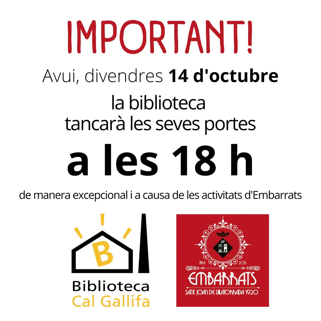 BibCalGallifa's tweet photo. 👉 De manera excepcional avui la biblioteca tancarà les seves portes a les 18 h.
Disculpeu les molèsties.
#Embarrats https://t.co/vgGKRGH4pv