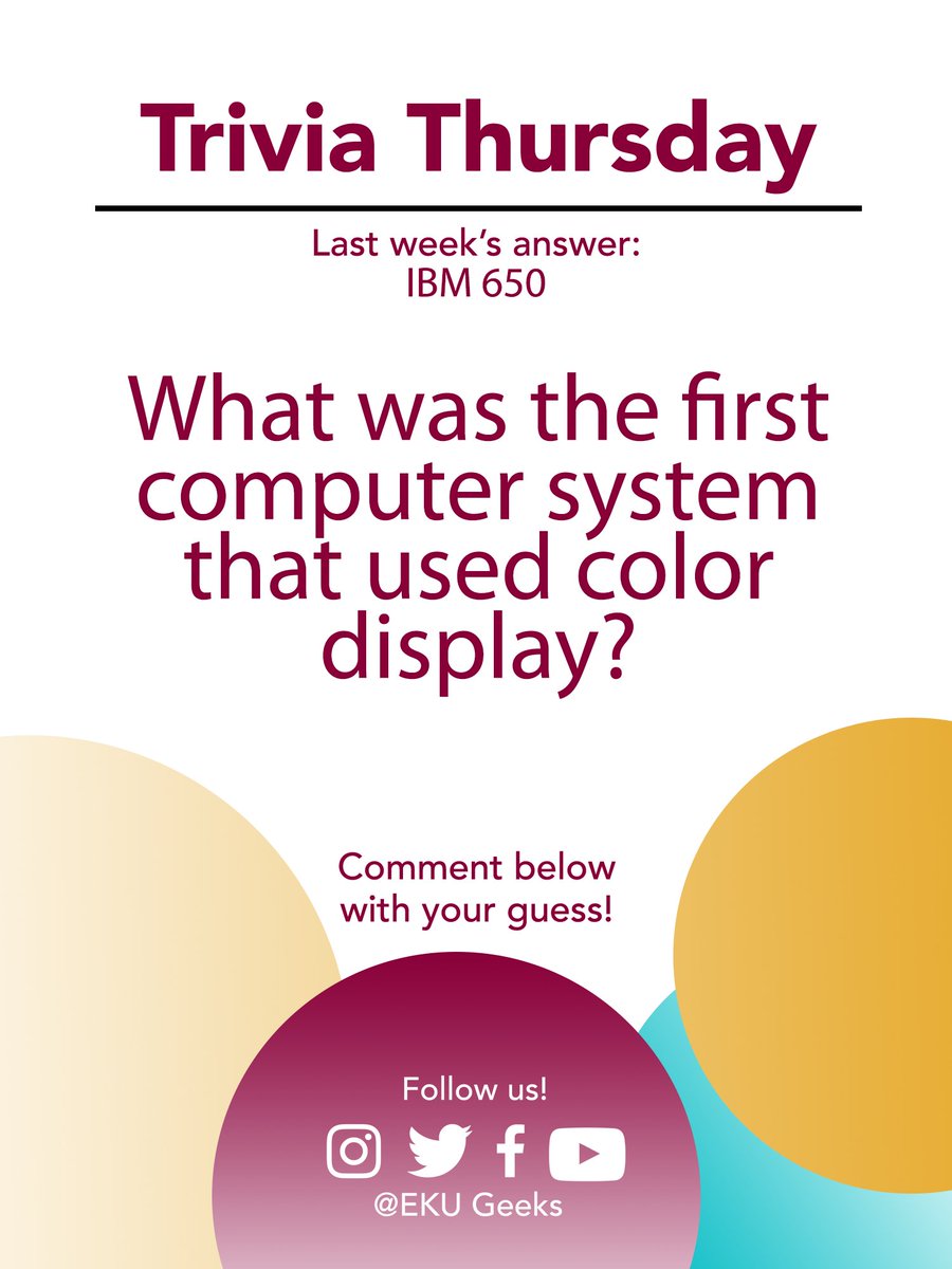 EKUGEEKS's tweet photo. The IBM 650 was the first mass produced computer! Comment your guess for this week's trivia.
#eku #ekugeeks #techtrivia #techtriviathursday https://t.co/K5d3z4jUaa
