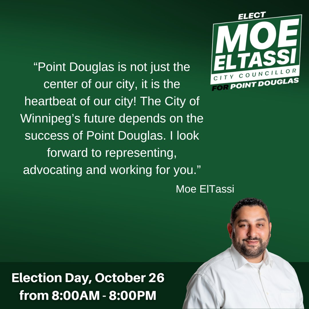 moe_eltassi's tweet photo. Vote Moe ElTassi for City Councillor in Point Douglas on October 26th.  

#wpg #mb #wpgmb #wpgpoli #mbpoli #winnipeg #manitoba https://t.co/5WUS3UmYeA