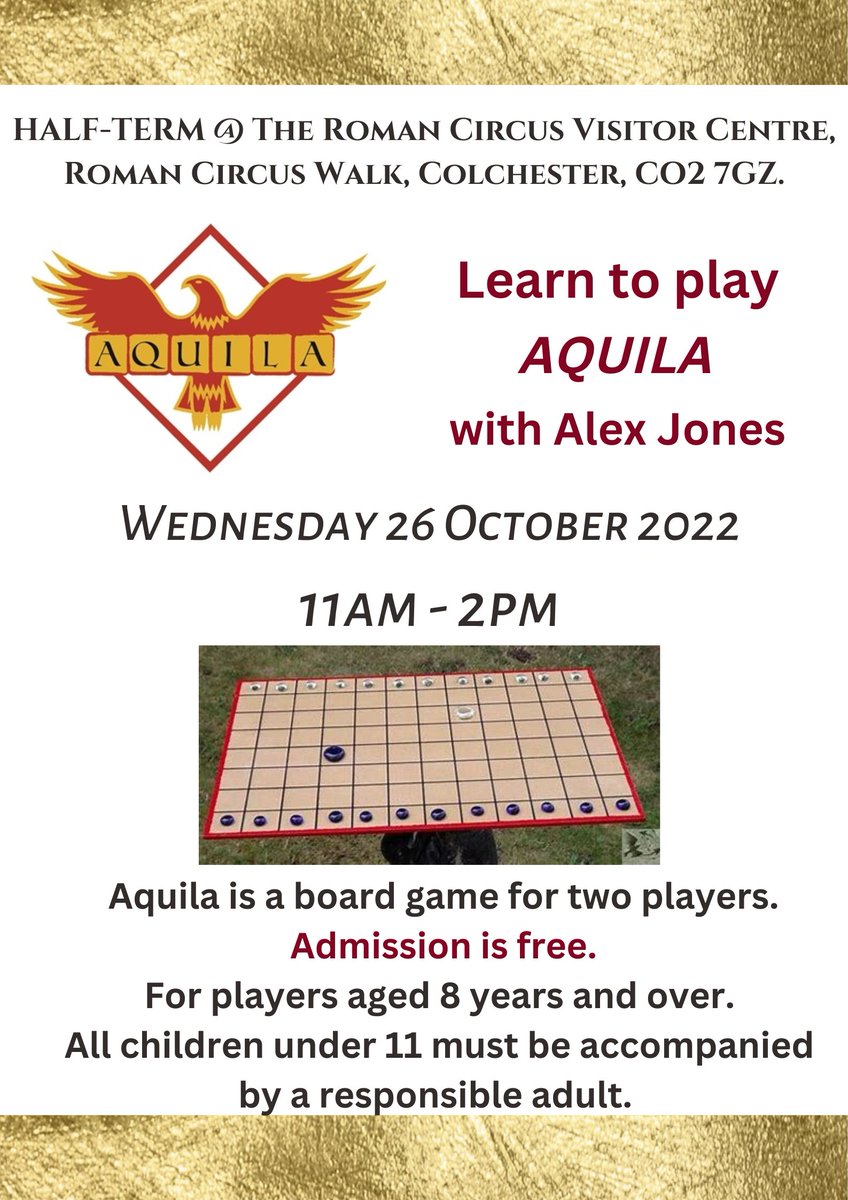 26/10/22 LEARN TO PLAY 'AQUILA'

Alex: "Based upon an interpretation of an ancient 2,000-year-old game discovered in Stanway by the Colchester Archaeological Trust in 1996, this is a simple-to-learn and addictive strategy game once played by the people of #Colchester."