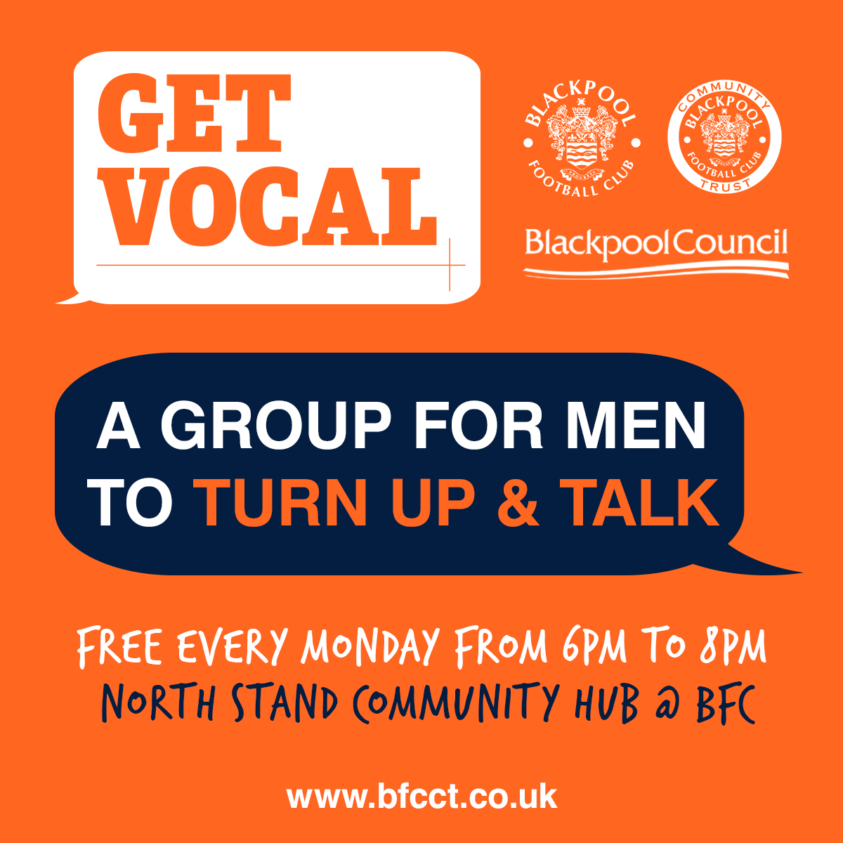 BFCCT_'s tweet image. Calling all men🗣  

Turn up and talk at our new Get Vocal session every Monday.

There is no need to register.  Please just turn up.

Free refreshments will be provided ☕️

Please note this group is for men aged 18+ 

@BpoolCouncil | @BlackpoolFC