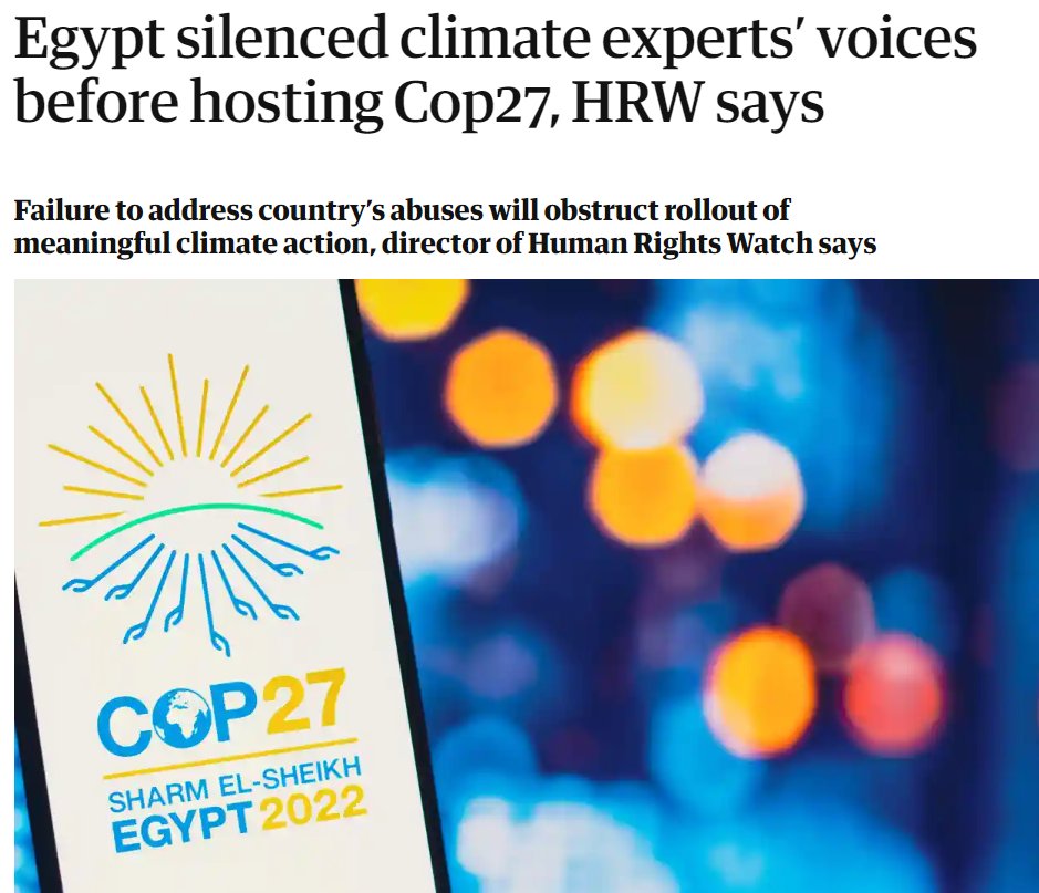 1/8 “What’s happening to the environmental movement in #Egypt should be a wake-up call” @hrw's @RPearshouse spoke to @guardian about the regime's repression of civil society and its serious, real life impact on #COP27 & #ClimateCrisis: theguardian.com/environment/20… A thread below 👇🏽