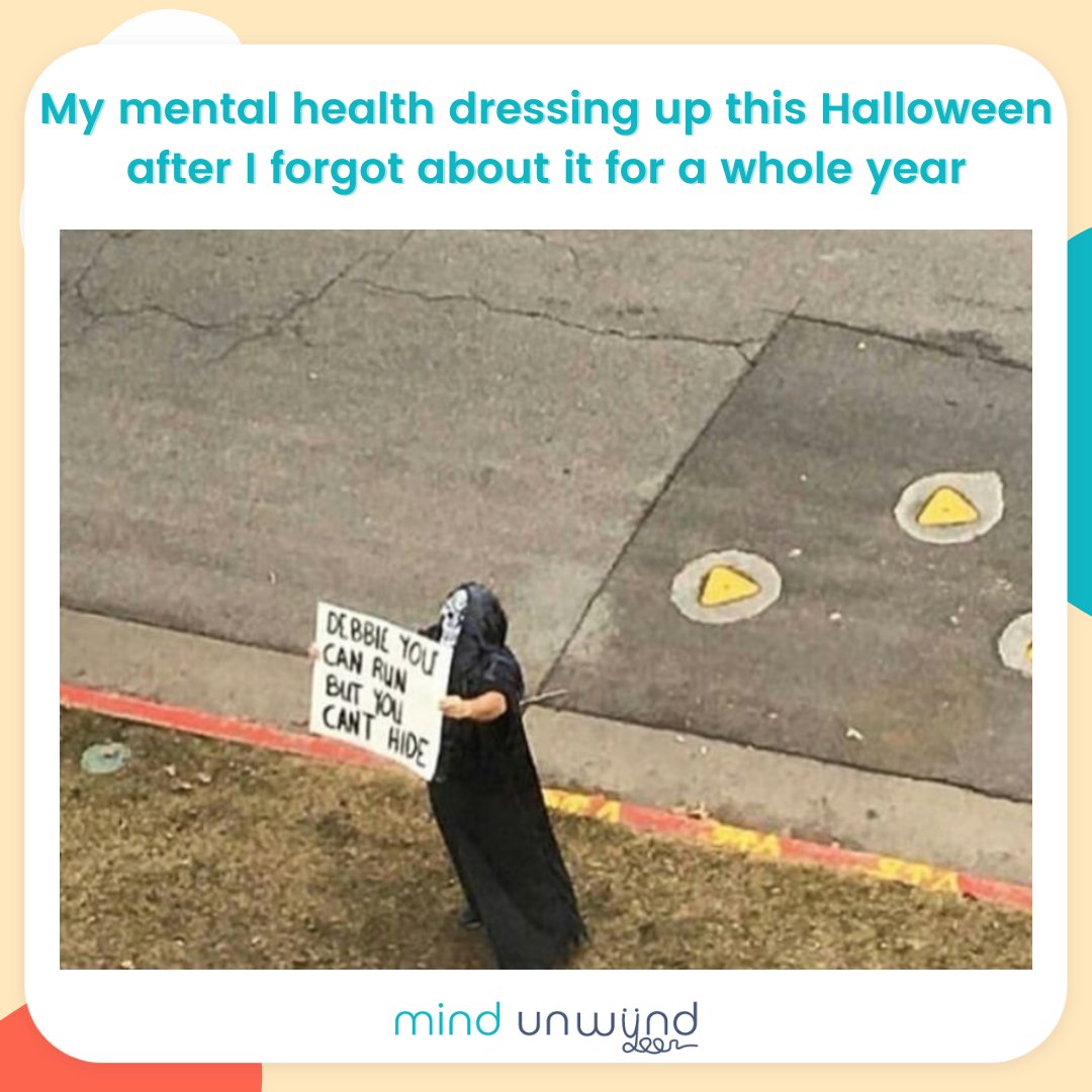 MUnwynd's tweet photo. Mental health be giving serious competition at the costume party 🎃

#mentalhealth #mentalhealthmeme #meme #memesdaily #mentalhealthhumour #psychologymemes #funny #relatable #relatablepost #relatablememes #halloween #mindunwynd https://t.co/CkSSAZqgc5