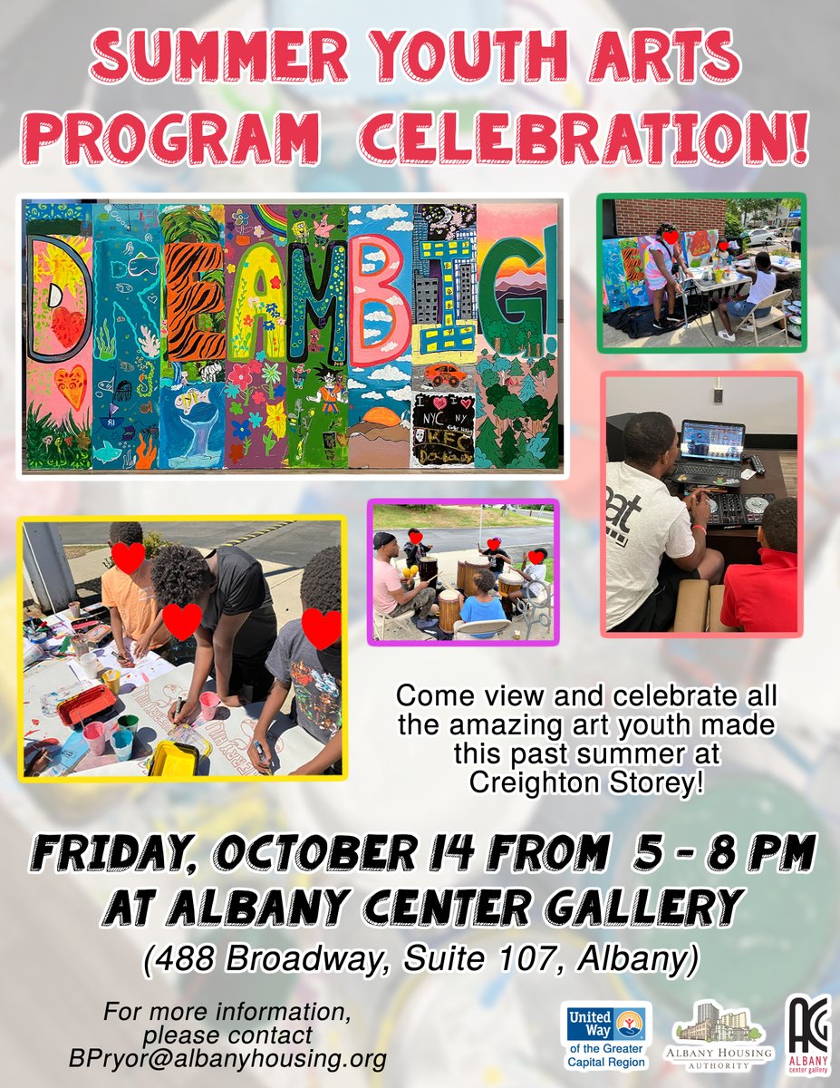 The Blake Annex (@theblakeannex) on Twitter photo Join us TONIGHT and help <a href="/UnitedWay_GCR/">United Way of the Greater Capital Region</a>, the Albany Housing Authority and <a href="/acgallery/">Albany Center Gallery</a> celebrate the fantastic and inspiring artwork created by children during our Summer Meals program.
📍 Albany Center Gallery (488 Broadway, Suite 107, Albany, NY)
⏰ 5-8 p.m. Join us TONIGHT and help <a href="/UnitedWay_GCR/">United Way of the Greater Capital Region</a>, the Albany Housing Authority and <a href="/acgallery/">Albany Center Gallery</a> celebrate the fantastic and inspiring artwork created by children during our Summer Meals program.
📍 Albany Center Gallery (488 Broadway, Suite 107, Albany, NY)
⏰ 5-8 p.m.