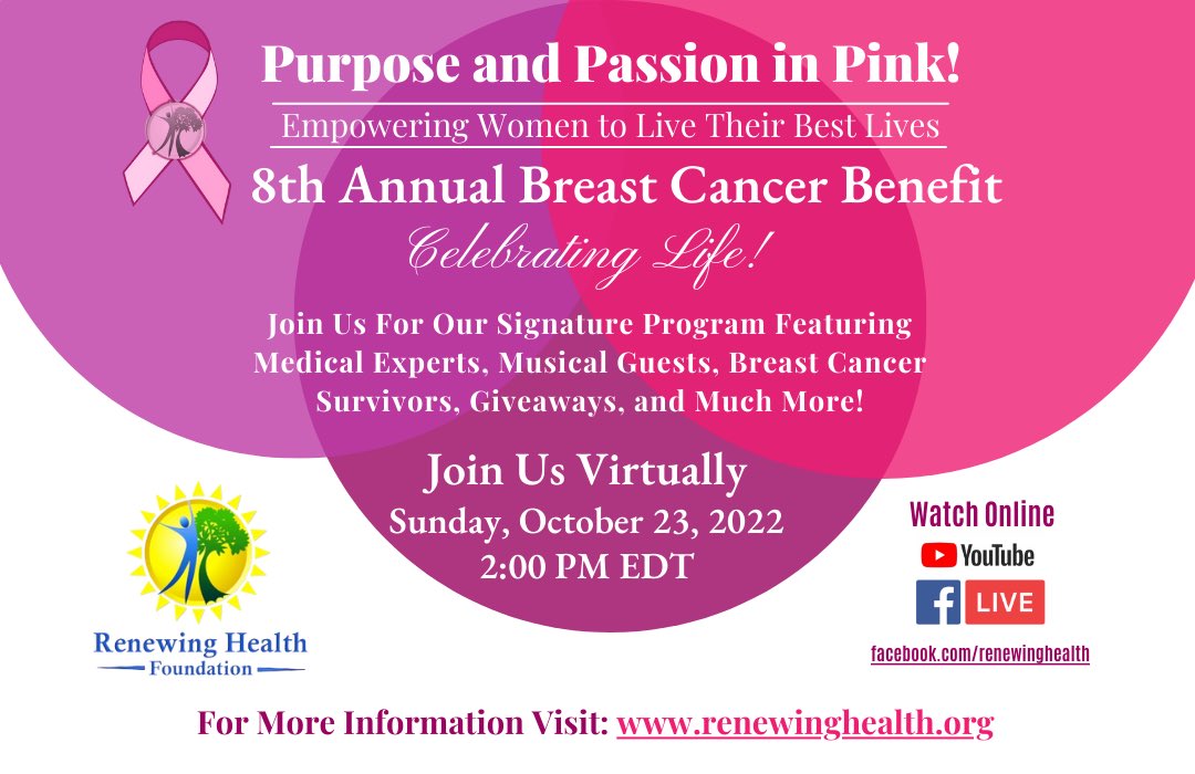 RenewingHealth's tweet photo. Please join us for the 8th Annual Purpose and Passion in Pink! Breast Cancer Benefit, Celebrating Life! next Sunday, October 23, 2022. https://t.co/vAFLMhMPt5