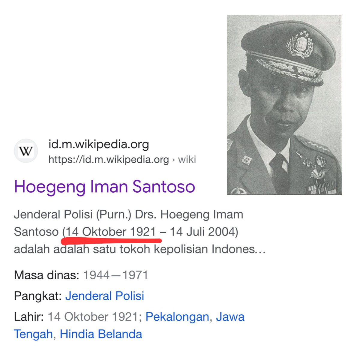 CandraMalik's tweet photo. Seabad hari kelahirannya telah berlalu. Hari ini, satu tahun kemudian setelah 100 tahun, tepat pada 14 Oktober 2022, kami mengenang pernah hidup seorang Hoegeng.  

Lahul Fatihah. https://t.co/ftQWmcUbhe