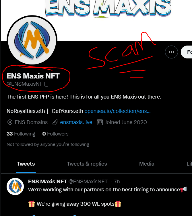 ENSMaxisNFT's tweet photo. 🚨Community Alert 🚨

Scam accounts are trying to impersonate us. Please report and block both of these accounts. Remember, NEVER click on links outside the official ENS Maxis NFT Twitter account.

https://t.co/pvfYlFym2h
https://t.co/j1z7swH099 https://t.co/pAuwUE8eCk