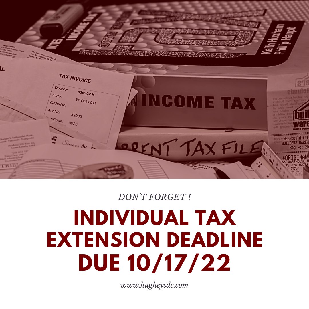 hugheysdc's tweet photo. Don't forget the Individual Tax Extension Deadline is Monday, October 17, 2022. Be sure to submit your information! #individualtaxes #accounting #bookkeeping #payroll #taxes https://t.co/DZ4eNxe11L
