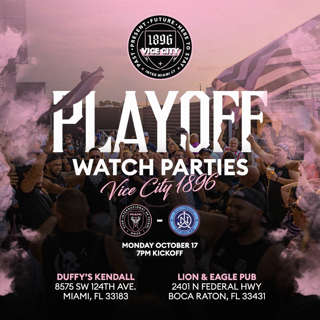 No excuse on Monday… 2 watch parties for our people up NORTH and our people down SOUTH… Vamos todos a alentar al Inter que este partido no se puede perder!! From here on out, winning is the only option @InterMiamiCF #InterMiamiCf #lafamiliaimcf #vicecity1896
