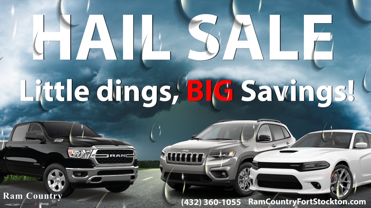 Hail Sale! Small dings equal big savings on new and used vehicles! Stop by and check out our inventory today. 

#warrantyforever #khouryculture #hailsale #fortstockton #ramcountry #newcar #usedcar #savings