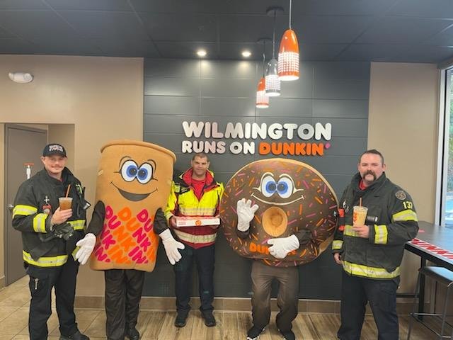 FF Boudreau, FF Skinner, and FF Woods Jr. show up to support the grand re-opening of the Dunkin' at 195 Main Street. #wilmingtonfire