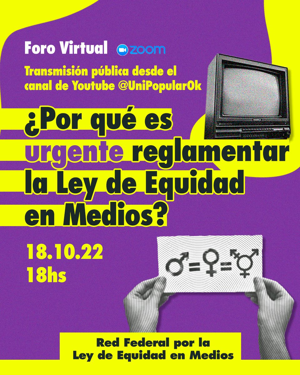 generoytrabajo's tweet photo. 📢El 18 de Octubre a las 18:00 hs. te invitamos al #ForoVirtual para conocer y debatir sobre la #LeyDeEquidadEnMedios y su reglamentación. ¡Te esperamos! #ImplementacionYa https://t.co/5xltEvsMNR