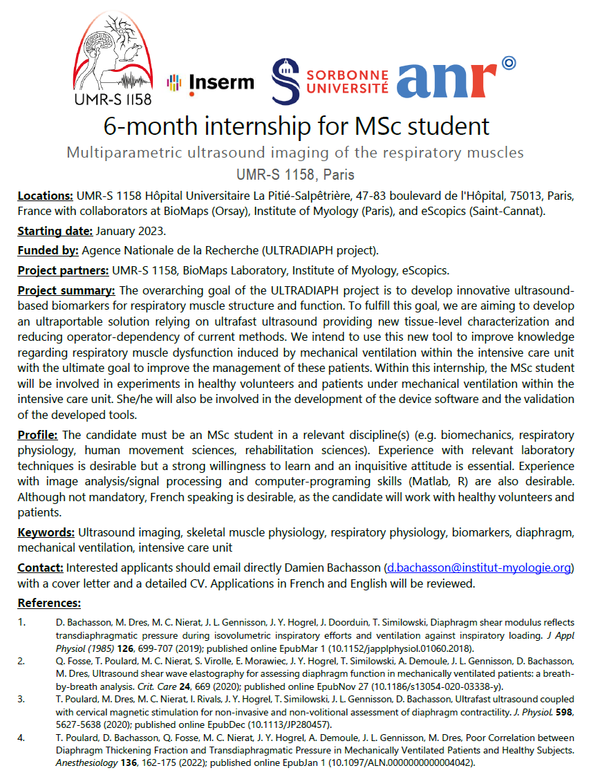 BachassD's tweet photo. Recherche 2 personnes pour stage de master (6 mois)  au sein de l'UMRS 1158 @Sorbonne_Univ_  @Inserm Paris (évaluation des muscles respiratoires). Voir ci-dessous !
2 6-mo insternships for MSc students (respiratory muscle testing). See below ! 
RT :-) #ultrasound https://t.co/T6gy4jB3nE