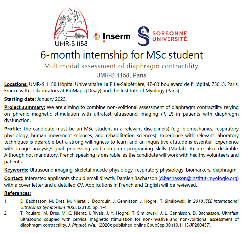 Recherche 2 personnes pour stage de master (6 mois)  au sein de l'UMRS 1158 <a href="/Sorbonne_Univ_/">Sorbonne Université</a>  <a href="/Inserm/">Inserm</a> Paris (évaluation des muscles respiratoires). Voir ci-dessous !
2 6-mo insternships for MSc students (respiratory muscle testing). See below ! 
RT :-) #ultrasound