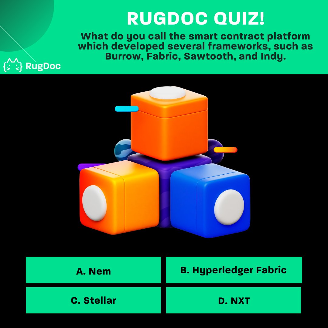 RugDocIO's tweet photo. Isn't it just another perfect time for a RugDoc Quiz? Put your #DeFi wit to test by trying to answer this question:
What do you call the smart contract platform which developed several frameworks, such as Burrow, Fabric, Sawtooth, and Indy.
Comment down!
#rugdoc #defi https://t.co/XJxBLH7ioO