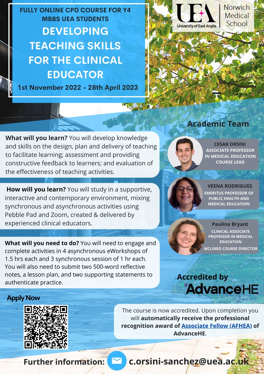 OrsiniCesar's tweet image. All @UeaMed Y4 #MBBS students are welcome to join us in the third run of the ‘Developing Teaching Skills for the Clinical Educator’CPD course - starting on 1st November &amp;amp; now accredited by @AdvanceHE
 for #AFHEA - #UEAClinEd @ProfVCRodrigues @Nordic67 @uniofeastanglia #MedEd