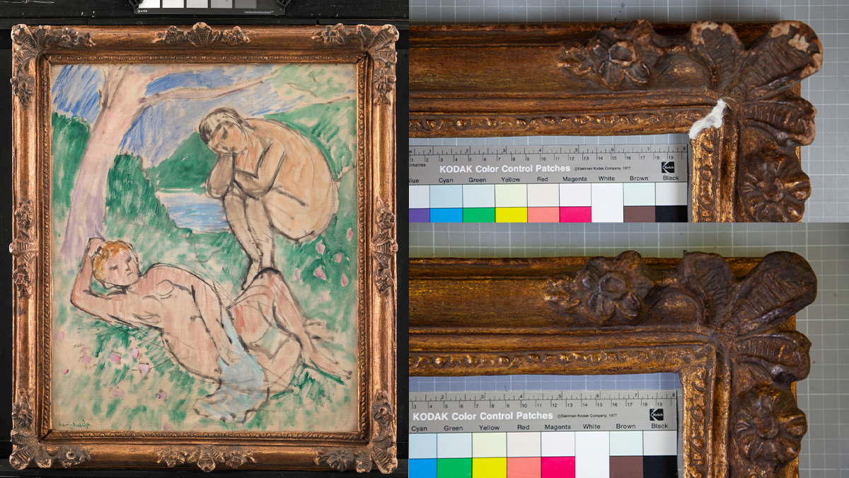 MurrerRahmen's tweet photo. Ein Rahmen aus Pappmaché? Ja, für #HenriMatisse! Für die Schau „Matisse: The Red Studio" @MuseumModernArt &amp; @smkmuseum haben wir den Papiermaché-Rahmen um „Baigneurs“, 1907, restauriert: https://t.co/DVVkBtkss8. #TagDerRestaurierung #EuropeanDaysConservationRestoration @VDR_Bonn https://t.co/G6GqeunCyn