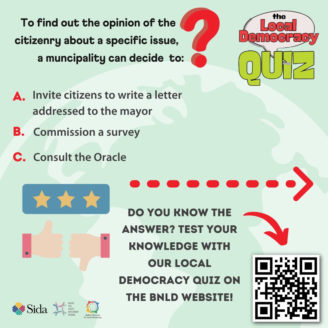 Challenge yourself with BNLD's very own local democracy quiz and see if you're an expert, but before that what do you think the answer here is?

Available at the link below or by scanning the QR code.
bnldwb.org/Quiz

#regionalschub #LocalDemocracy #quiz #activecitizens