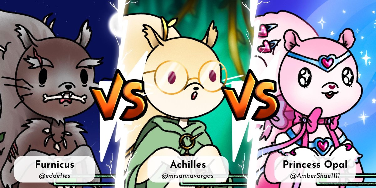 eislyn_eth's tweet photo. 2/ Do you cheer for @FSkwrl or Achilles (maybe secretly @SuperSkwrl or @ThePrincessOpal?

Comment your answer on this tweet to vote! The winner gets a +2 added to their randomized battle roll. https://t.co/rcLopTP9Hz