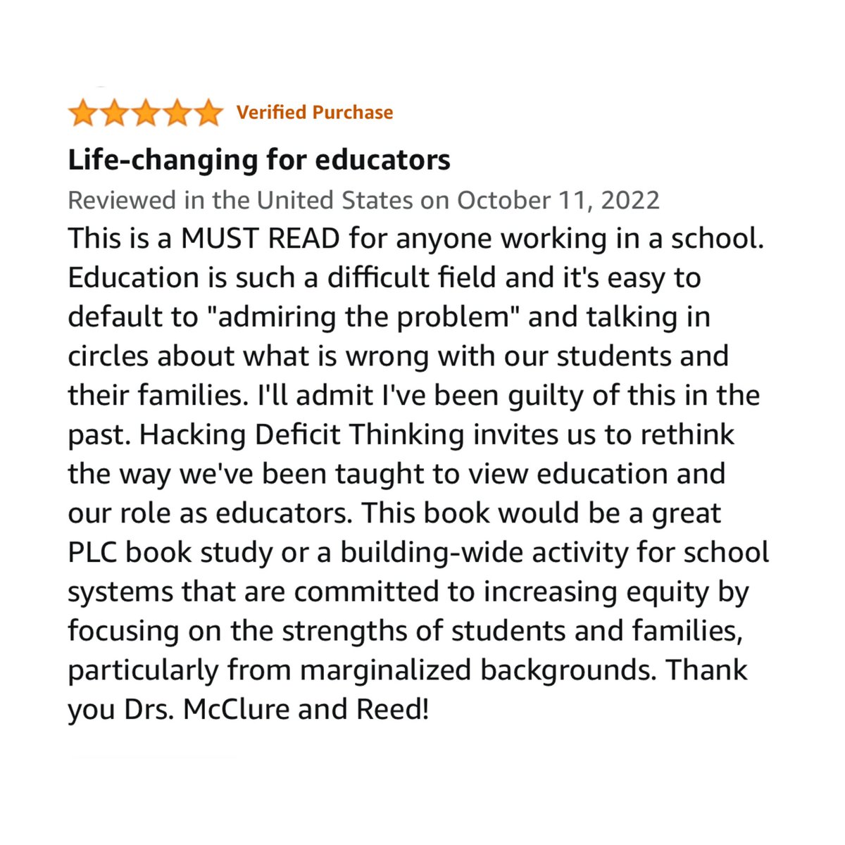 bestrengthbased's tweet photo. Review of the day โผ๏ธโผ๏ธ We are so excited to hear from educators throughout the country who see the value in this work. There is power in going from whatโs wrong to whatโs strong!!
.
#hackingdeficits #hackingdeficitthinking #bookreview #fivestars #educationbook #teachersoftwitter https://t.co/swjtNLjcxG