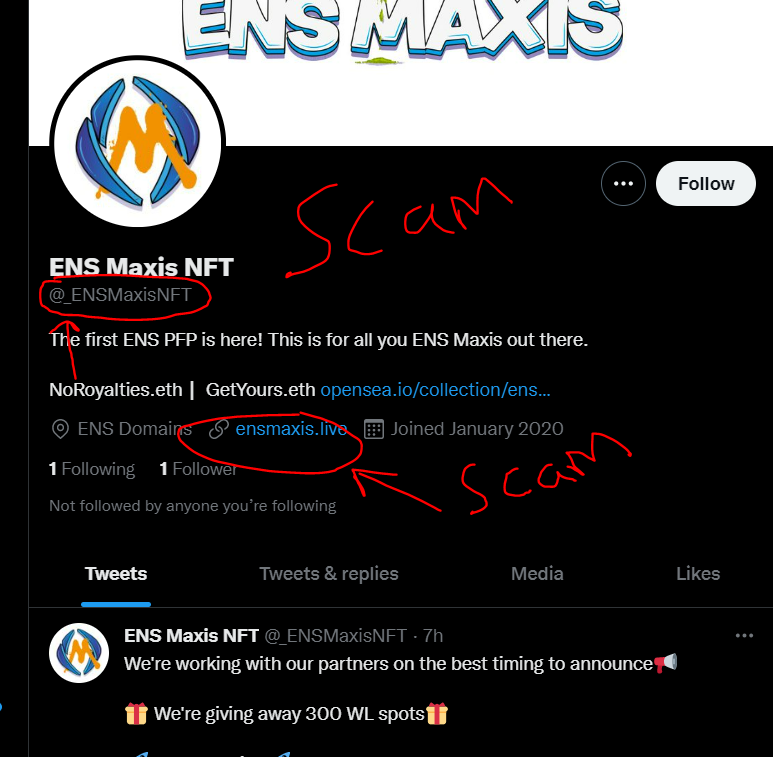 ENSMaxisNFT's tweet photo. 🚨Community Alert 🚨

Scam accounts are trying to impersonate us. Please report and block both of these accounts. Remember, NEVER click on links outside the official ENS Maxis NFT Twitter account.

https://t.co/pvfYlFym2h
https://t.co/j1z7swH099 https://t.co/pAuwUE8eCk
