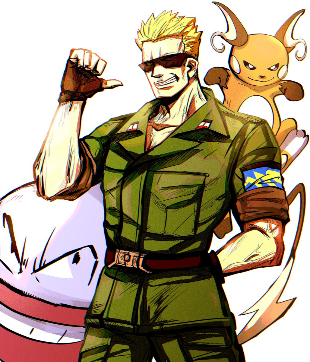 1boy sunglasses blonde hair pokemon (creature) male focus gloves smile  illustration images