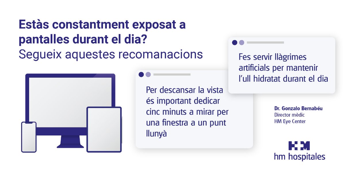 HMHospitalesCA's tweet photo. 👨‍⚕️El Dr. Bernabéu, director mèdic #HMEyeCenter ens regala aquestes recomanacions per evitar la #FatigaOcular, la síndrome de l'#UllSec i la #Miopia com a conseqüència de l'ús constant a les #pantalles.
👁️‍🗨️ #DiaMundialdelaVisió #visió #Oftalmologia https://t.co/iAeQ9ybv4x