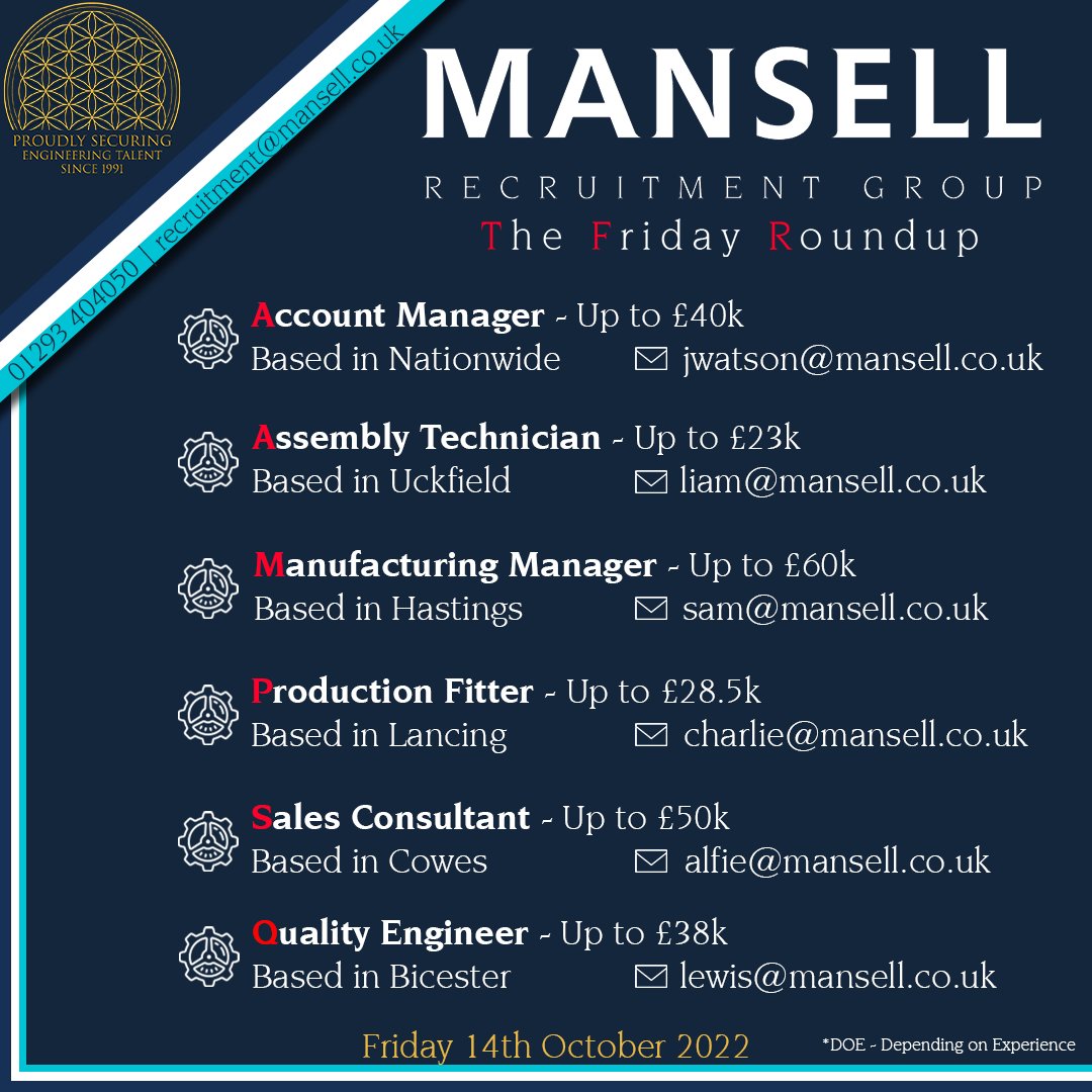 mansellrec's tweet photo. THIS WEEKS HOTTEST JOBS

Interested? Or know someone who is? 
Contact us 📞 / 01293 404050
Send your CV to 📧 recruitment@mansell.co.uk
Visit our website 🌐 https://t.co/BPN6DdjW0K

#sales #jobs #recruitment #manufacturing #quality #cv #engineer https://t.co/409FF12SPI