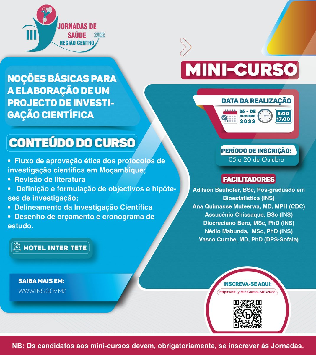 🗓️ 26.10 | 📚Mini-Curso: Noções Básicas para a Elaboração de um Projecto de Investigação Científica ✏️Inscreva-se aqui: bit.ly/MiniCursoJSRC2… #jornadasdesaude