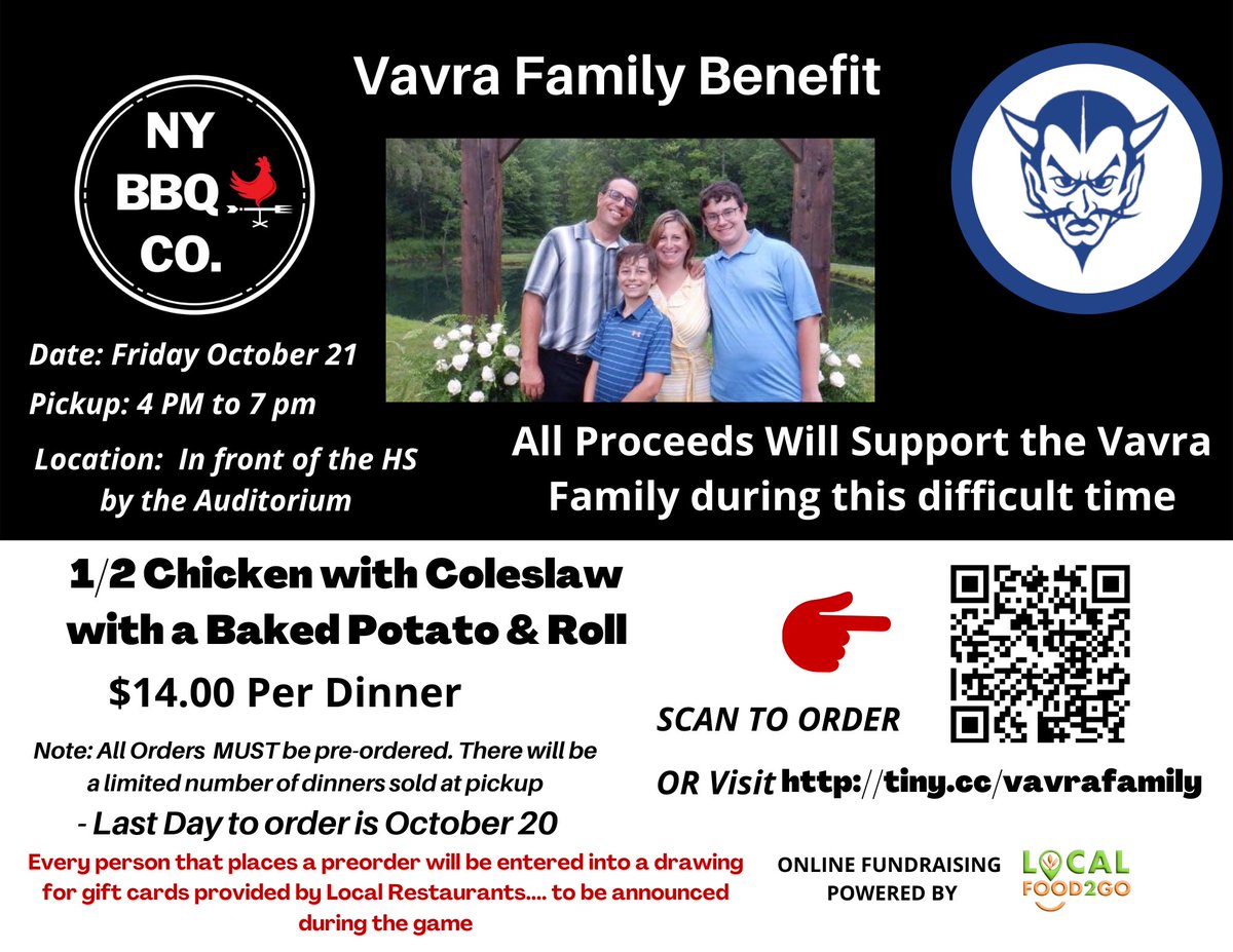 CoachHogan19's tweet photo. Information for the Vavra Family Chicken Dinner 
next Friday 10/21. 
We are also selling magnets for $5 that are available in the AD office and the Elem, MS and HS attendance offices. Accepting cash or Venmo payments at time of pickup. All proceeds will go to the Vavra family. https://t.co/P4jKtlS4mX