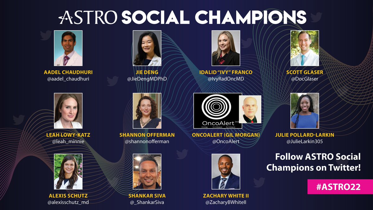 Here they are! The #ASTRO22 Social Champions! Be sure to follow each of these outstanding people to get the most out of the meeting. Thrilled to also have @OncoAlert join us as well! @JulieLarkin305 astro.org/Meetings-and-E…