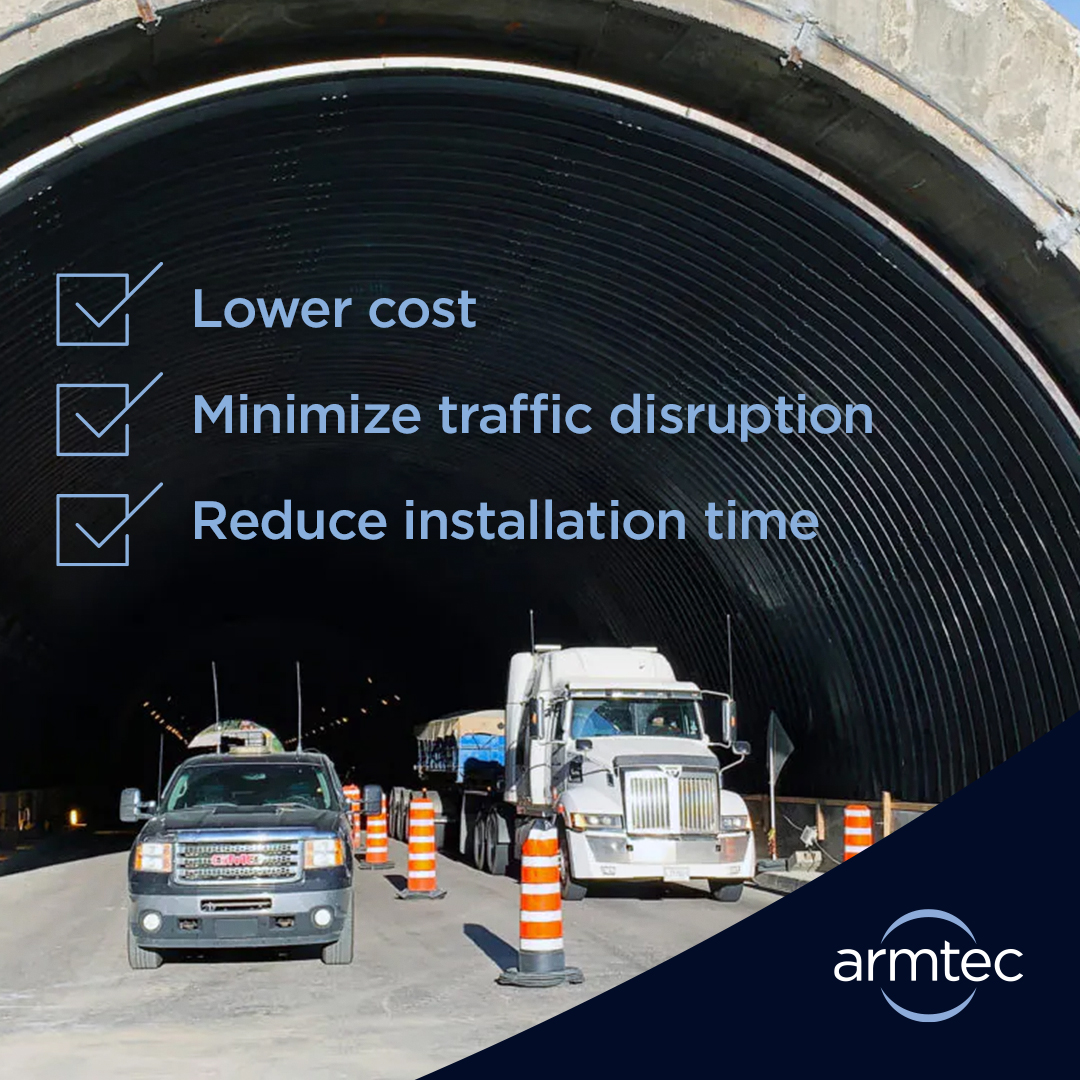 Reline and rehabilitation of failing structures checks all the boxes:
☑ Lower cost
☑ Minimize traffic disruption
☑ Reduce installation time

Visit armtec.com/solutions/reli… to learn more.

#reline #rehabilitation #structuralengineering #engineeredsolutions