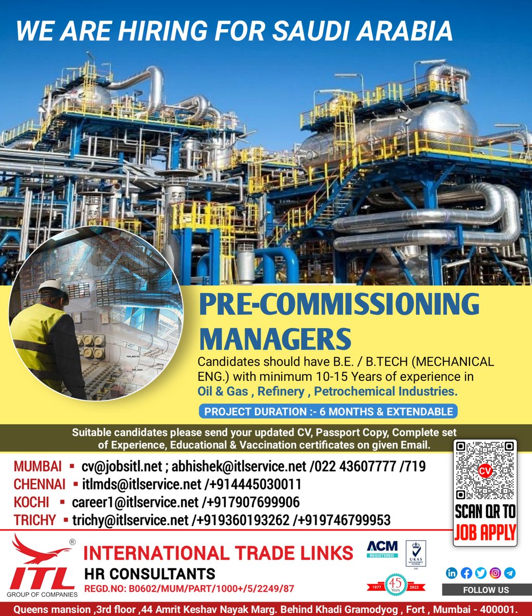 ItlJobs's tweet photo. JOB VACANCY FOR #saudiarabia
CLICK ON LINK TO APPLY JOB > https://t.co/t4H7Iy9eMZ
Learn more :
https://t.co/L5a1jRLuOk
#shutdown #oilandgas #petrochemical #refinery #precommissioning #managerjobs #commissioning #managerlife #career #jobhunt #hr #work #staffing #jobopportunity https://t.co/fuF1B3jRHt