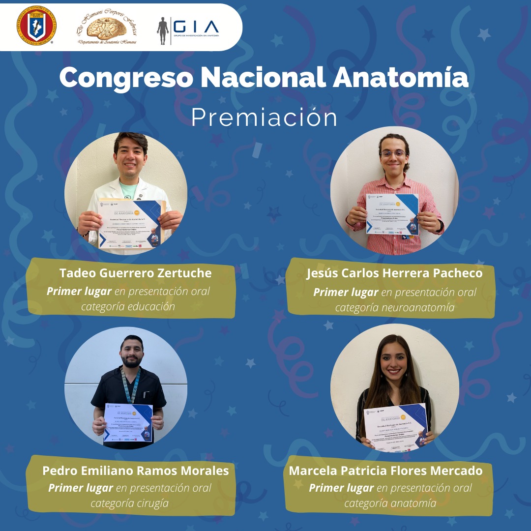 We congratulate our members Tadeo Guerrero, Jesús Herrera, Pedro Ramos and Marcela Flores for their outstanding participation in oral presentations. First places! Congratulations! 👏🏼 May the successes continue #Research #GIA #UANL #Anatomy