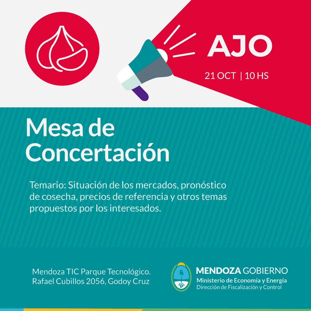 ProduccionMza's tweet photo. #Gestión #Mendoza 
El próximo viernes 21 en el @MENDOZATIC_ daremos inicio a las Mesas de Concertación convocando a industriales y productores de #ajo
Quienes deseen participar deberán inscribirse en https://t.co/QpBbJqdzNk ¡Los esperamos! https://t.co/JjqbVALXgJ