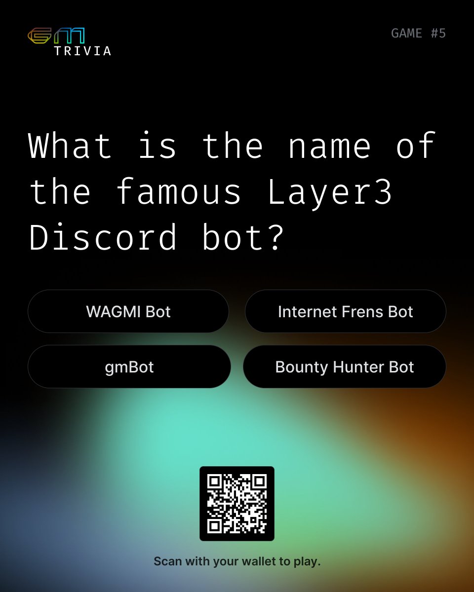 gmTrivia's tweet photo. If robots don’t sleep, do they ever say GM?

Let’s ask @layer3xyz. They wrote today’s question.

What is the name of the famous Layer3 Discord bot?

https://t.co/G5rKO5M2R8 https://t.co/dkBcOavFcH