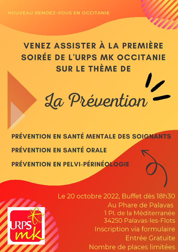 SPS_institut's tweet photo. 🔝 Assistez à la Soirée organisée par l'URPS Masseurs-Kinésithérapeutes Occitanie à Palavas le 20 octobre.
📍 Une soirée placée sous le thème de la #prévention
👉 Programme et Inscription : https://t.co/9WlUbxLIDU
#santémentale #préventionsanté #assoSPS https://t.co/c7Q4tzI6SC