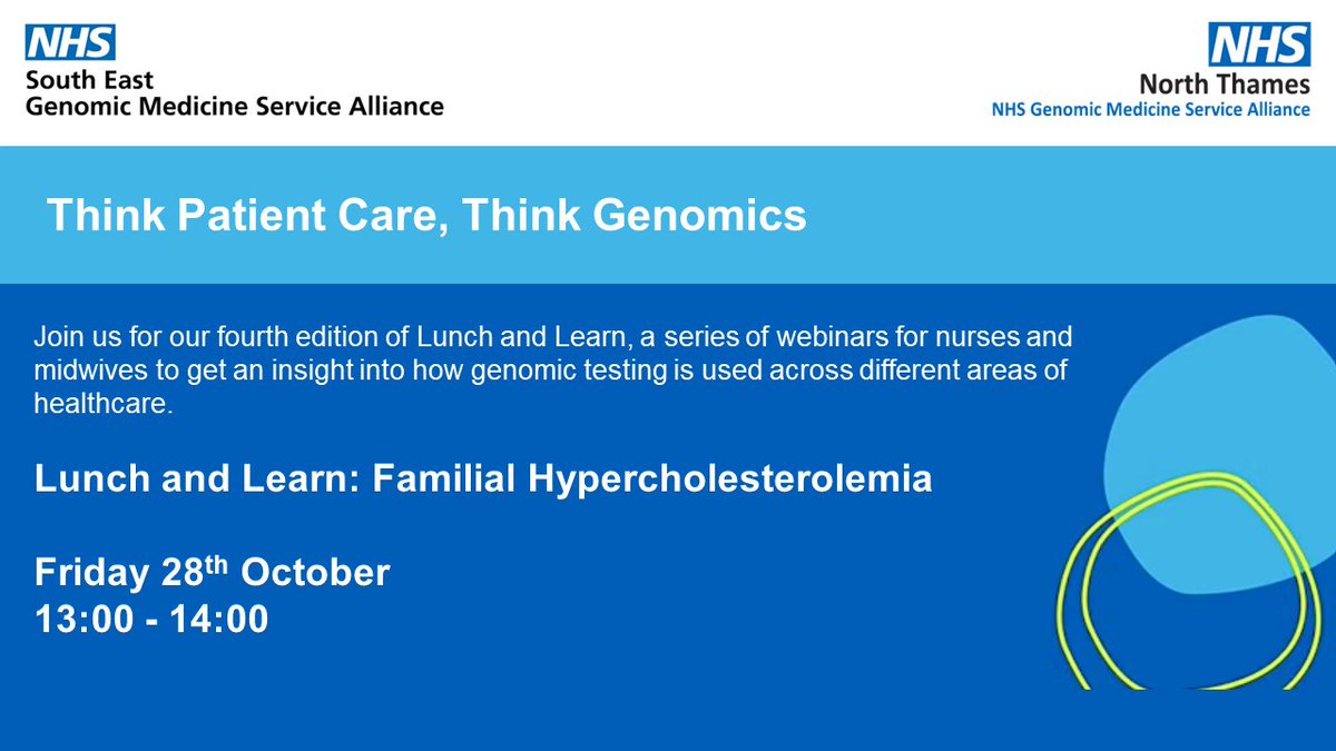 NorthThamesGMS's tweet photo. Our next lunch &amp; learn session is on Friday at 1-2pm. Join us to learn about Familial Hypercholesterolemia

The webinar is an opportunity for nurses and midwives to gain an insight into genomic testing in healthcare.

Register at: https://t.co/Mdw35UCYbU 

#ThinkGenomics #FH https://t.co/B9nauhtVT5