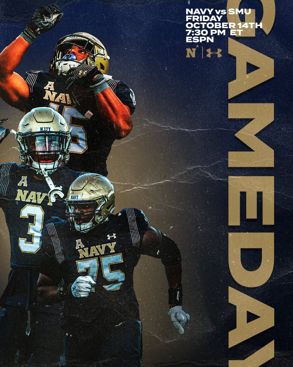 G A M E D A Y !

🆚: SMU
📅: Friday, Oct. 14
⏰: 7:30 pm
📍: Gerald Ford Stadium, Dallas, TX.
📺: ESPN
📻: Navy Radio Network
📊: Stat Broadcast