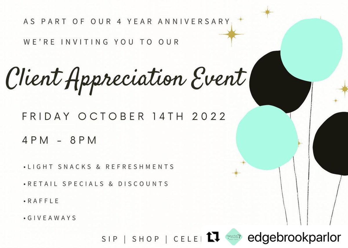 🥂 Happy 4th Anniversary to Edgebrook Parlor! Come sip, shop, and celebrate them TODAY  (10/14) 4-8pm! 🎉 

#Repost
・・・
Join us this Friday for our Client Appreciation Event and shop our biggest sale of the year! 

#4yearanniversary #giveaways #raffle #clientappreciation