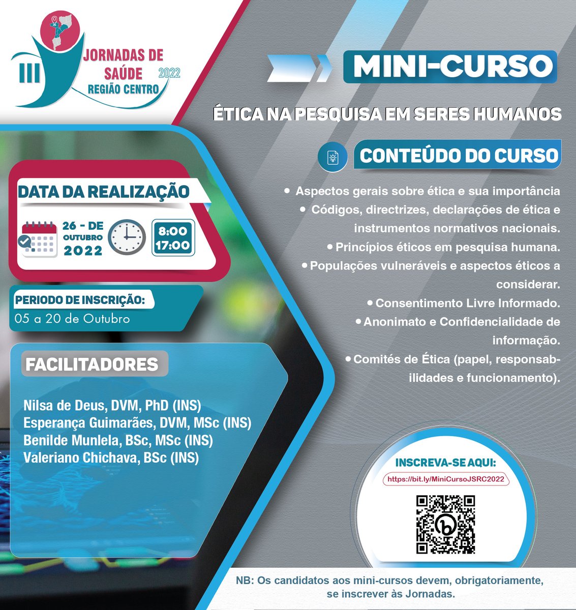 🗓️ 26.10 | 📚Mini-Curso: Ética na Pesquisa em Seres Humanos ✏️Inscreva-se aqui: bit.ly/MiniCursoJSRC2… #jornadasdesaude