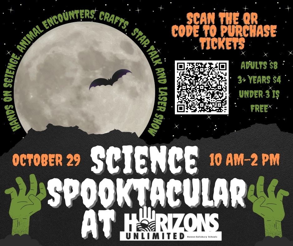 Spooky season is finally here!! Come venture into Frankenstein's Lab, meet some creepy cool critters, fly into the night sky, and more at Horizons' Science Spooktacular! Come dressed to impress for our costume contest! Purchase your tickets now at bit.ly/3CXhSVW