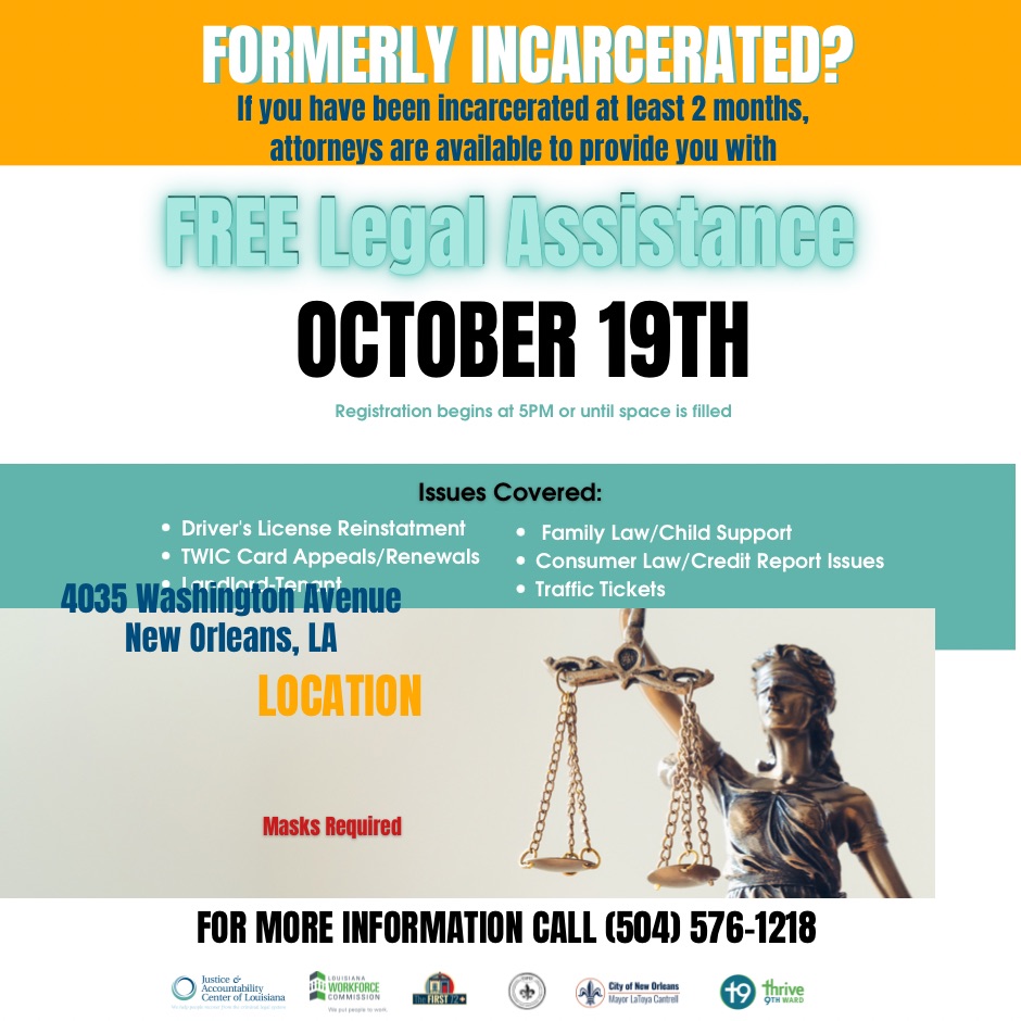 JacLouisiana's tweet photo. Formerly Incarcerated and Need Legal Assistance? We have a host of attorneys ready to help you on October 19th at Thrive NOLA. #freelegal #free #legal #attorneys #lawyer #criminalrecord #clean #newstart #newending https://t.co/q7O1lHBDil