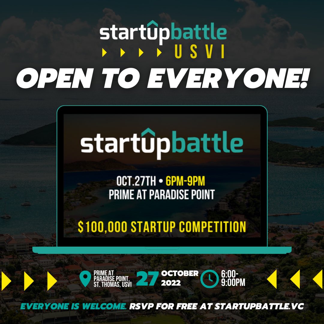 #USVI‼️⁠
⁠
In just one week we are bringing together our 5 finalists to pitch on stage in front of our investor judges and live audience.⁠
⁠
Following the pitch competition, we’ll host a private afterparty with <a href="/Busspipe/">Pressure Busspipe</a>.
⁠
Grab your free tix today at startupbattle.vc