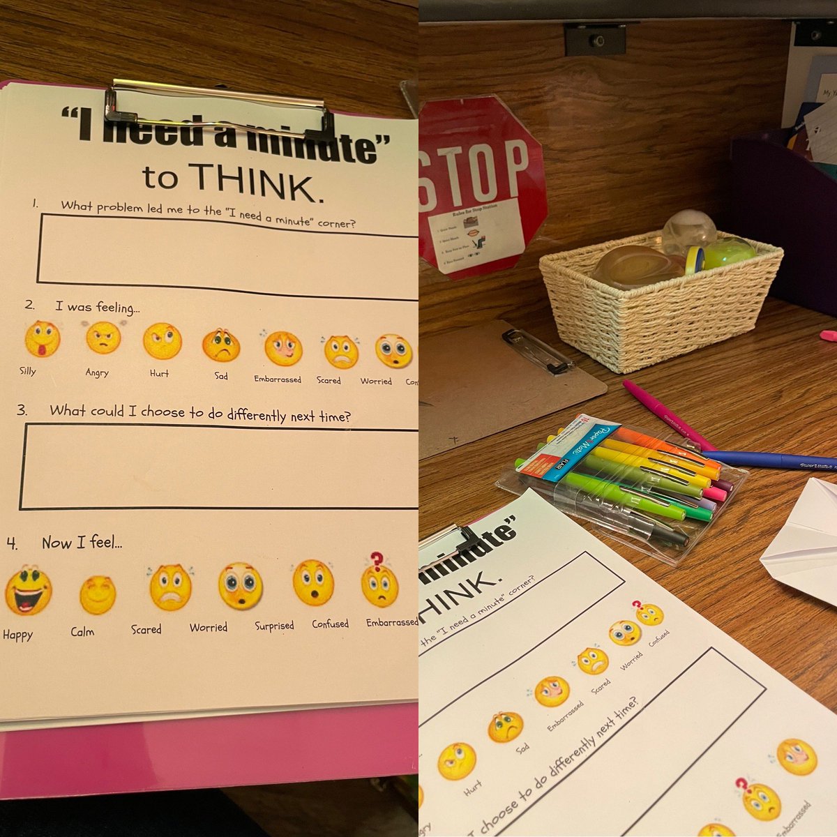 edu_kaci's tweet photo. Getting in trouble can be scary. Sometimes people need a minute to calm down & collect themselves BEFORE they can talk (& hear others). @MSchultzGTE had this fantastic calm down area in her office for just that purpose! #thinksheet #fidgets #spacetothink #respect #edutwitter https://t.co/vCck4a1Dqy